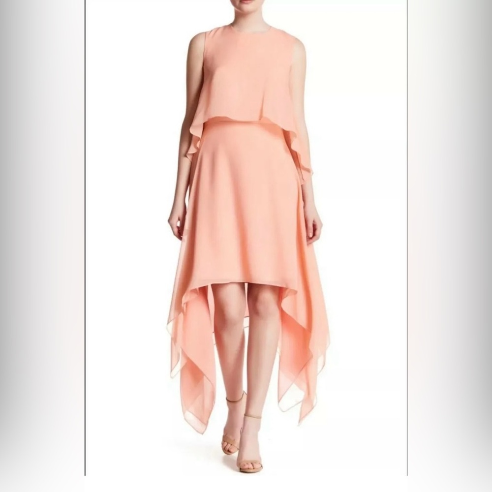 BCBG Maxazira Marilee 100% SILK chiffon high neck dress M peach pink blush CL3